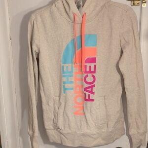North Face Beige Pullover Hoodie with Aqua, Neon Coral & Magenta Logo